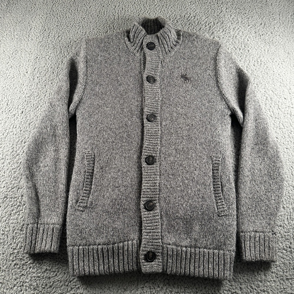 Abercrombie & Fitch Cardigan Sweater Mens S Gray Sherpa Lined Moose Logo Pockets